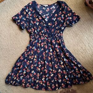 Navy Floral Short Sleeve Wrap-Style Mini Dress